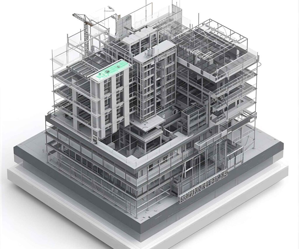 Isometric BIM building model: structural frame, floors and facade